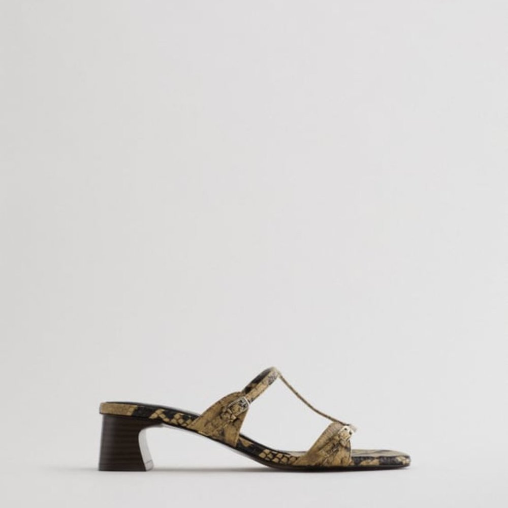 ZARA Heeled Double Strap Sandals - NWOT 38 Snake 7 1/2